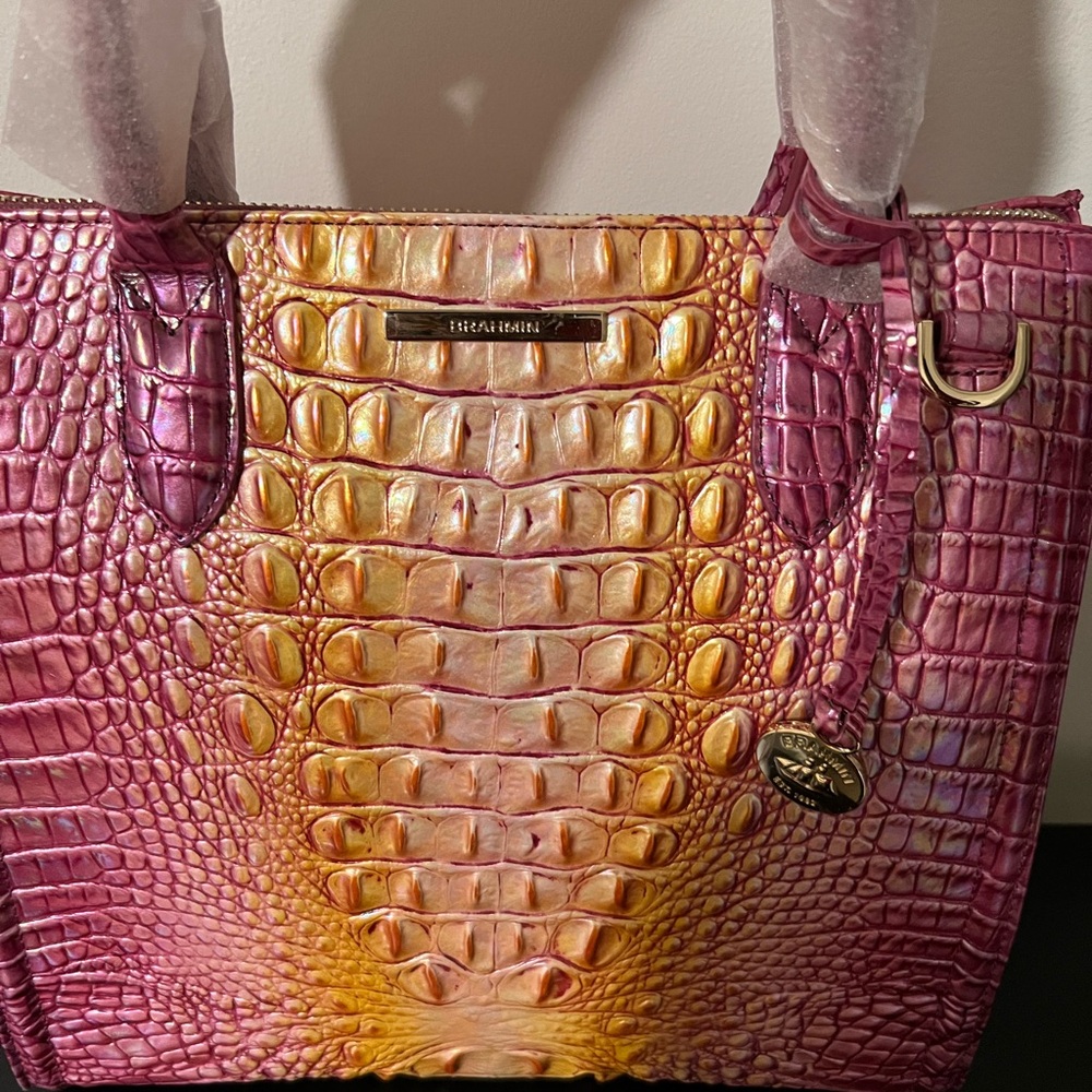Brahmin Vibrant Pink and Yellow Embossed Tote